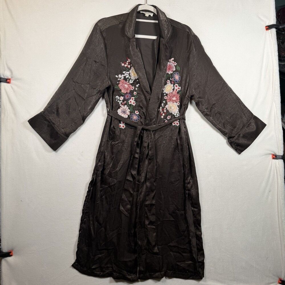 JCL Embroidered Robe Brown Floral Belted Side Pockets Women’s M/L